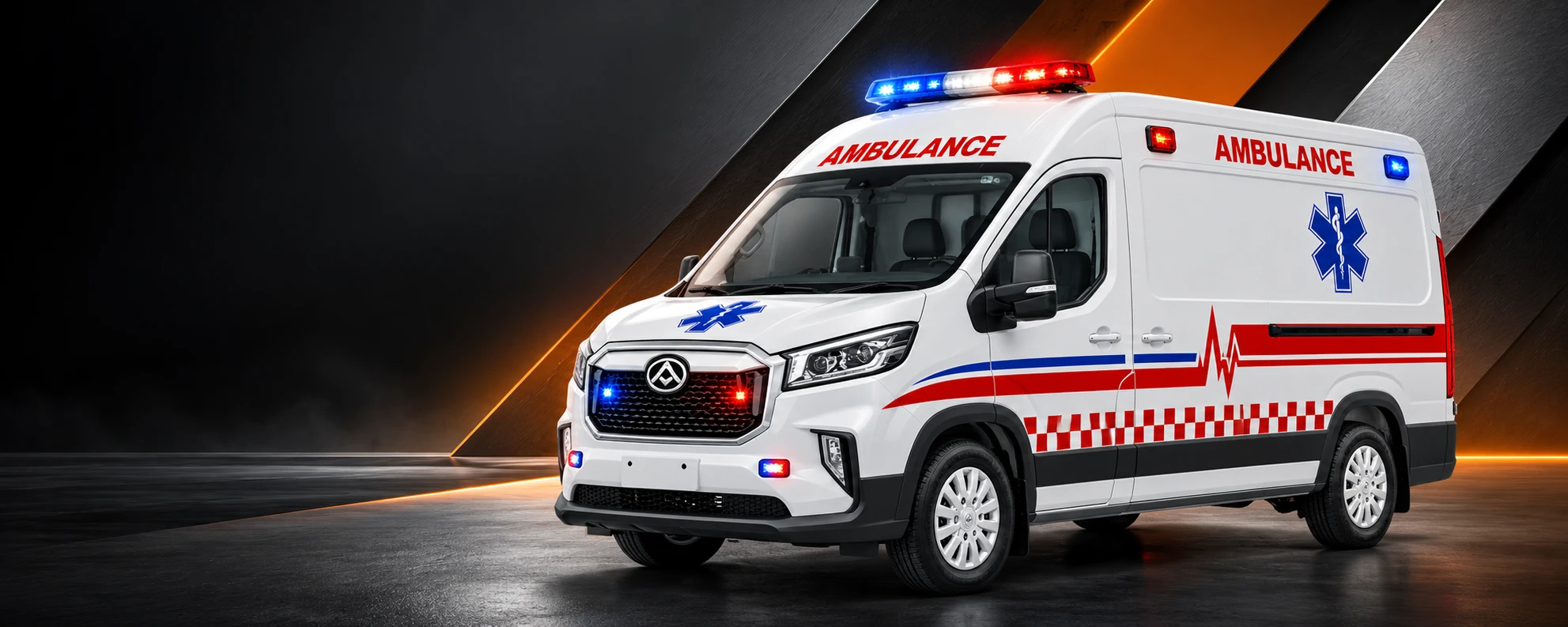 Maxus eDeliver 9 EV Ambulance with emergency livery and light bar
