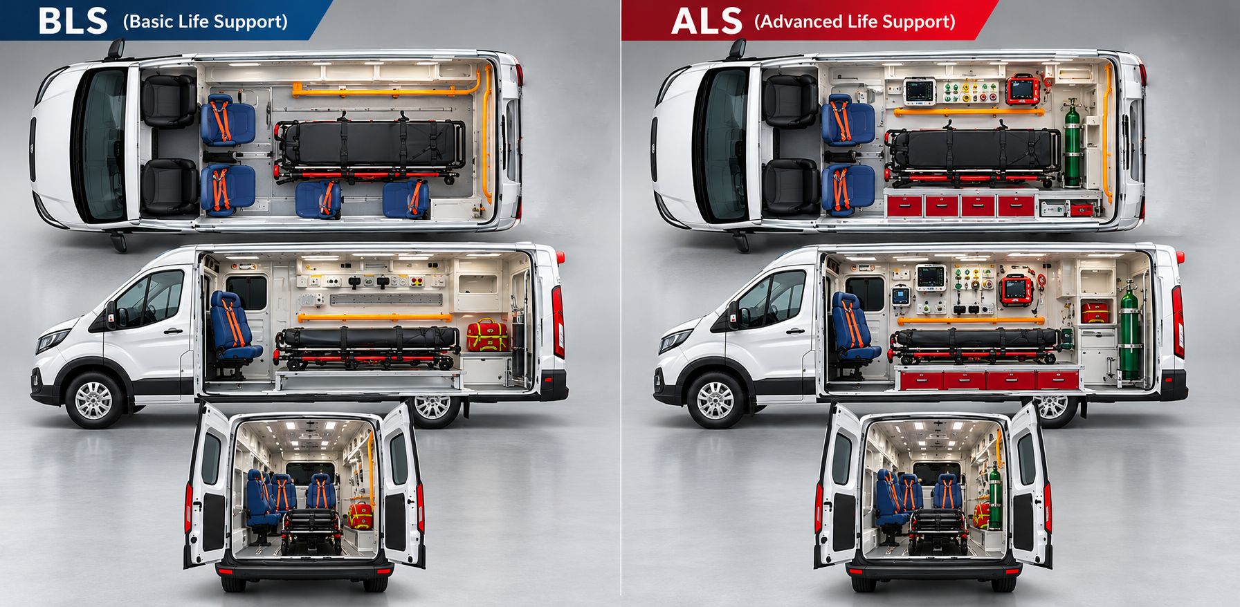 BLS and ALS ambulance interior layout drawings — top, side, front and rear views
